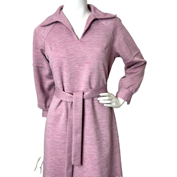 70s Bleeker Street Dress Size Large Pink Wide Collar Long Balloon Sleeve Belt - Picture 7 of 12